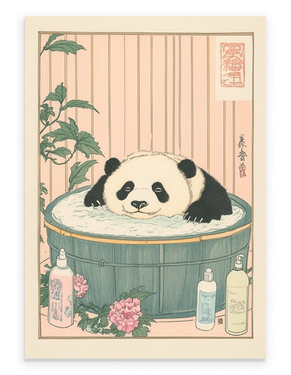 Panda in a flower bath with floating petals and soft pastel water