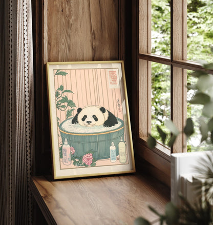 Framed bathroom print of a panda in a warm floral soak