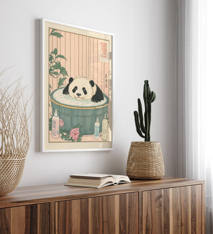 High-quality framed panda bathroom wall art with light color palette