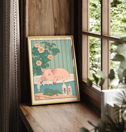 High-quality framed pig bathroom wall art with floral background
