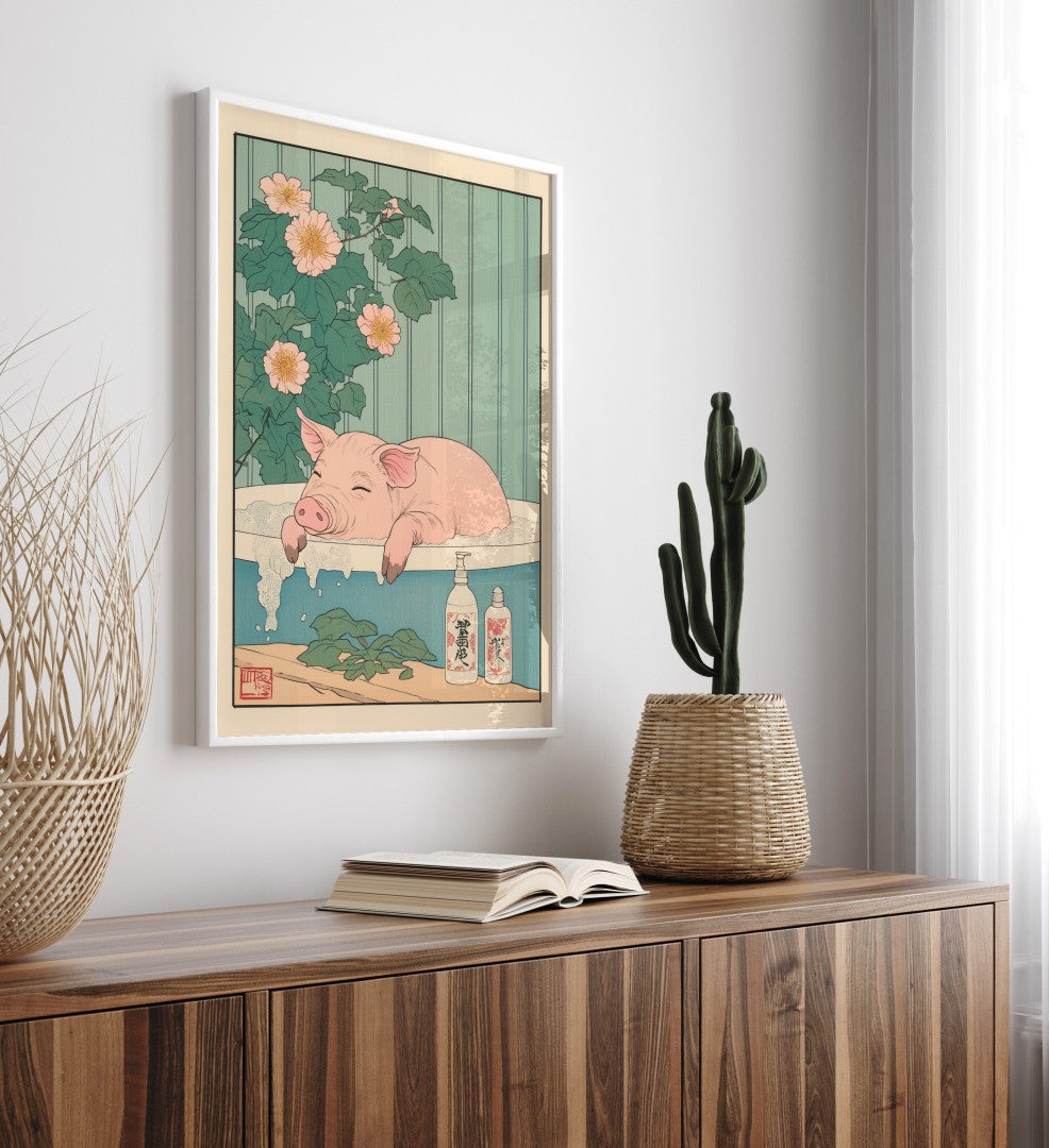 Framed bathroom decor showing a peaceful pig in a Japanese-style flower soak