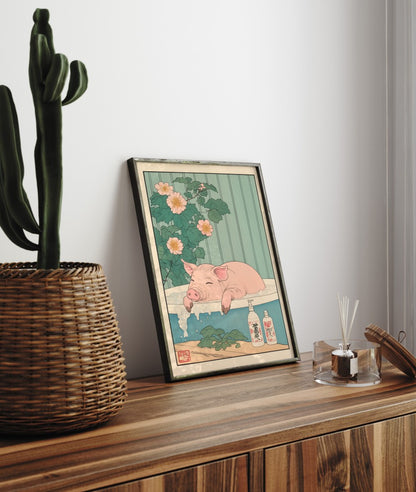 Framed bathroom decor showing a peaceful pig in a Japanese-style flower soak