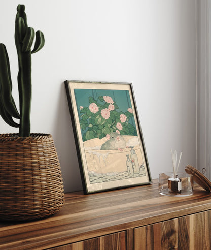 Framed bathroom decor showing a peaceful rat resting in a flower-filled soak