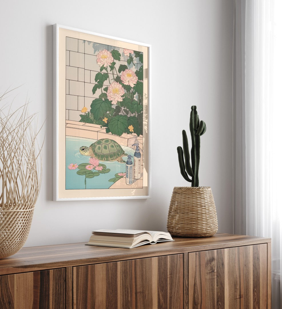 Tranquil turtle in a floral Japanese setting