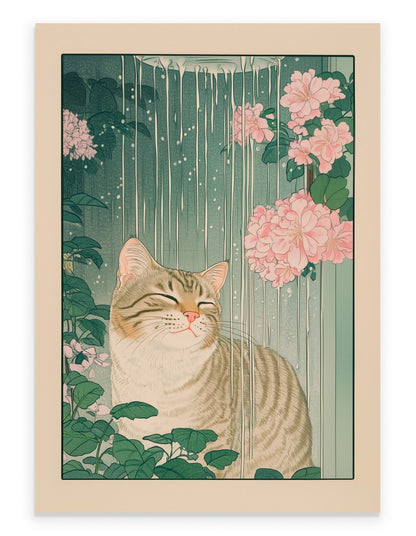 Tabby cat enjoying a warm shower with flowers in background