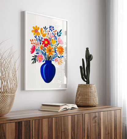 Modern botanical framed art print with colorful flower arrangement