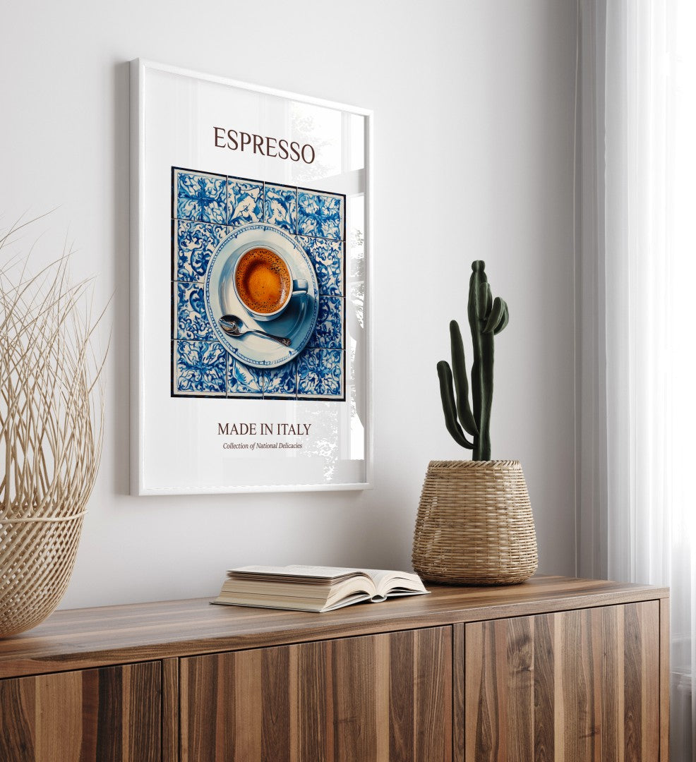 Italian espresso framed art print featuring coffee cup and spoon