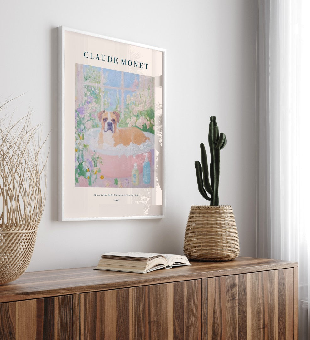 Boxer soaking in bubble bath, surrounded by spring flowers, framed bathroom art print